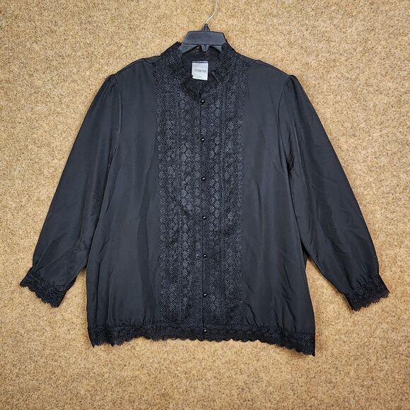 VTG Bedford Fair Black L/S Blouse High Collar Lace 22W Shoulder Pads Victorian - Picture 1 of 12